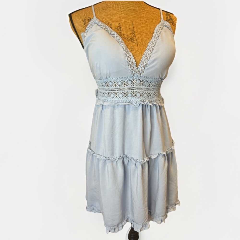 Rue21 Tiered Boho Ruffled Mini Dress Powder Blue Crochet Trim Size Large